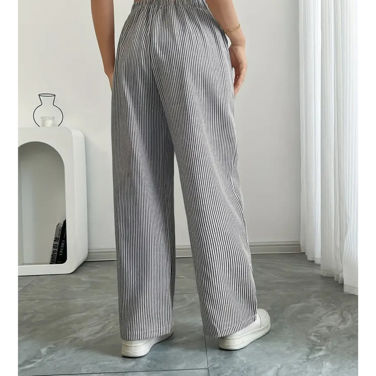 Pantalones palazzo para mujer con cintura de cordón y bolsillos