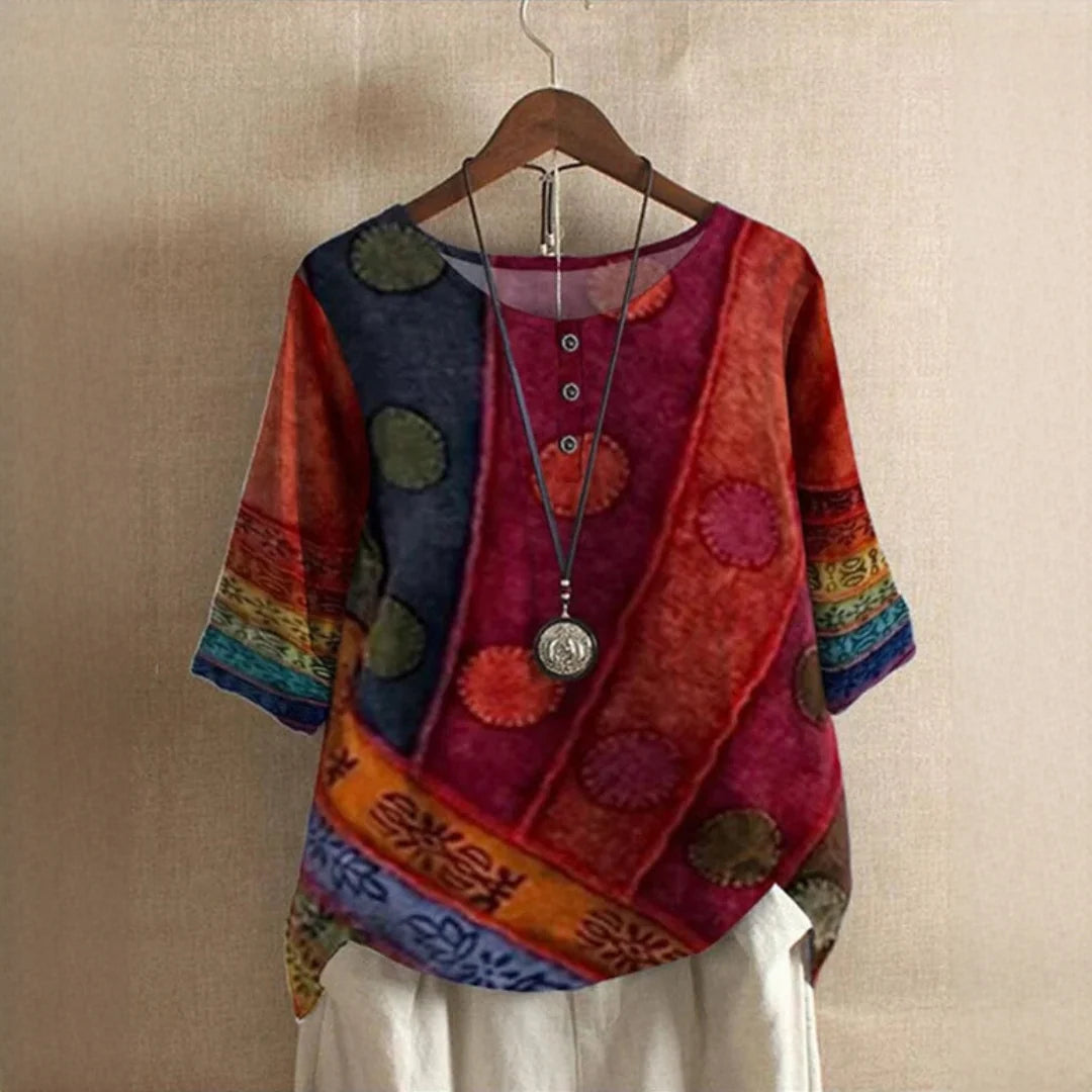Blusa de mujer con estampado vintage y cuello redondo