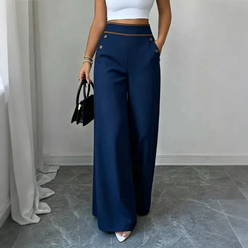 Pantalones amplios entallados para mujer con botones decorativos