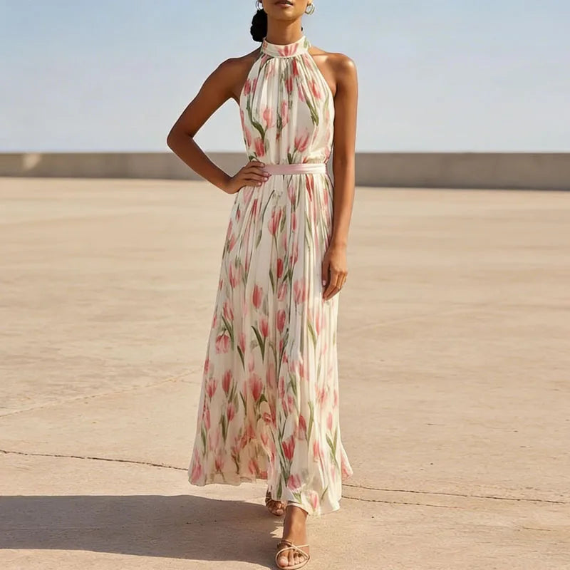 Vestido largo plisado para mujer con estampado floral