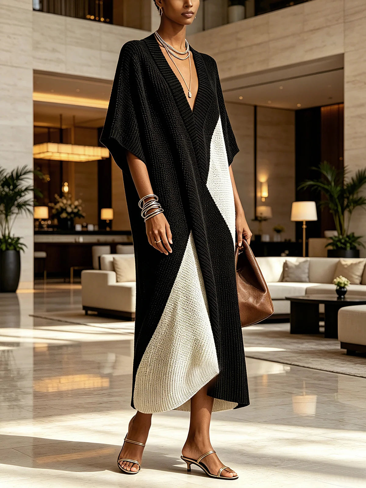 Vestido midi de mujer con escote en V bicolor