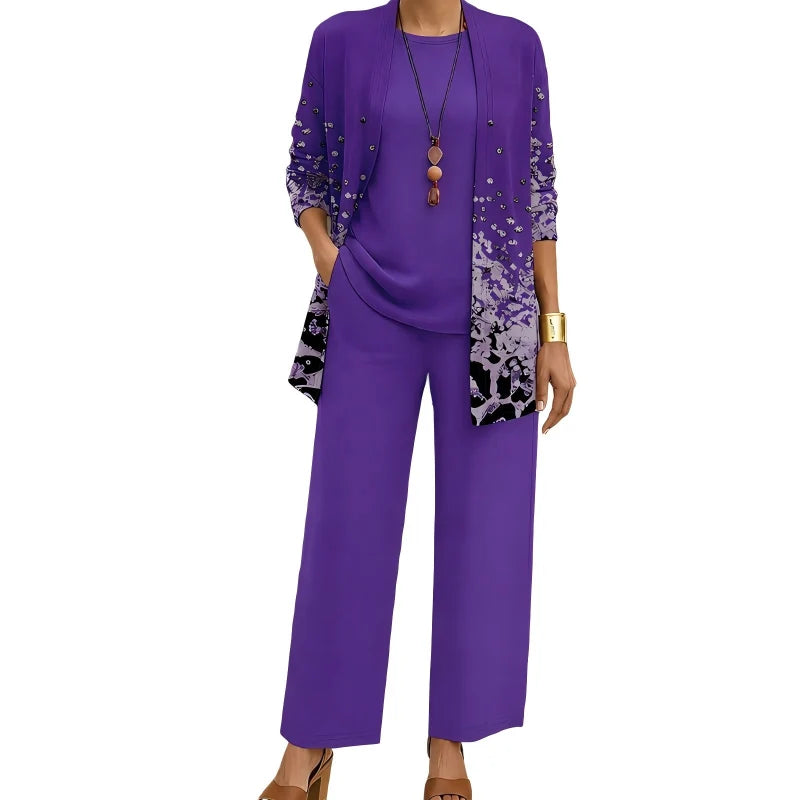Conjunto de tres piezas para mujer con cárdigan largo estampado