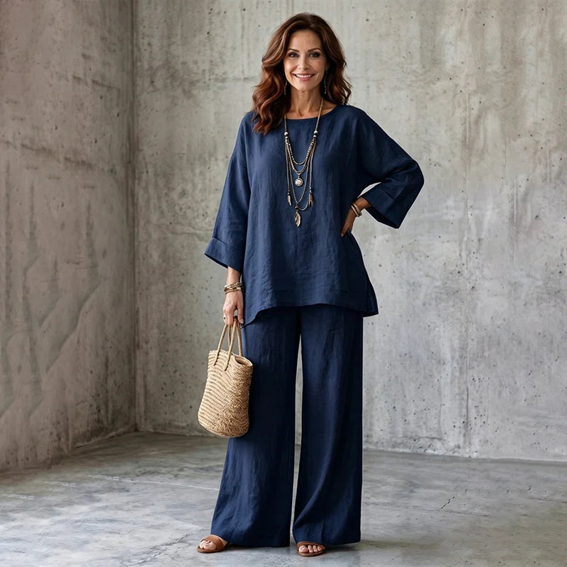 Conjunto de dos piezas para mujer estilo lino con mangas amplias y pantalones anchos