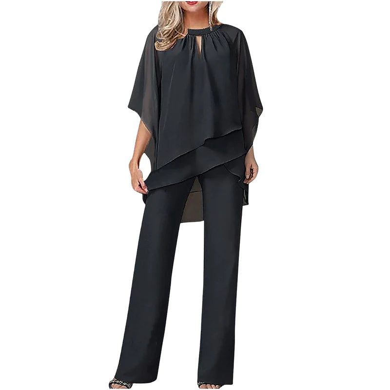 Conjunto de mujer con blusa asimétrica y pantalón de pierna ancha