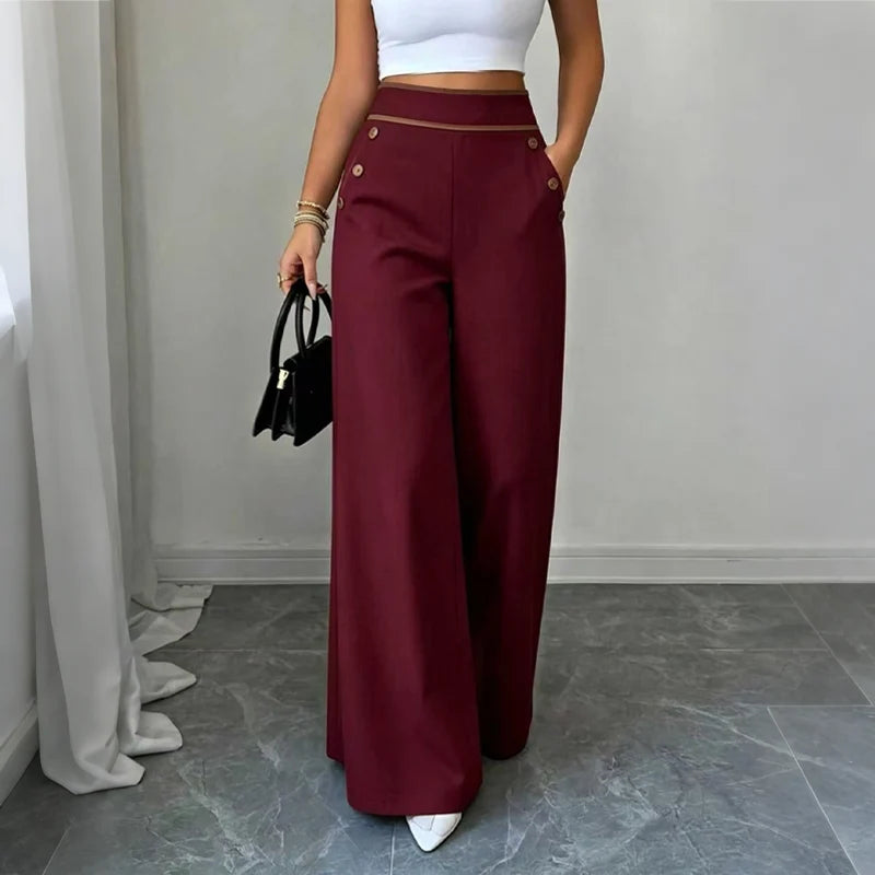 Pantalones amplios entallados para mujer con botones decorativos