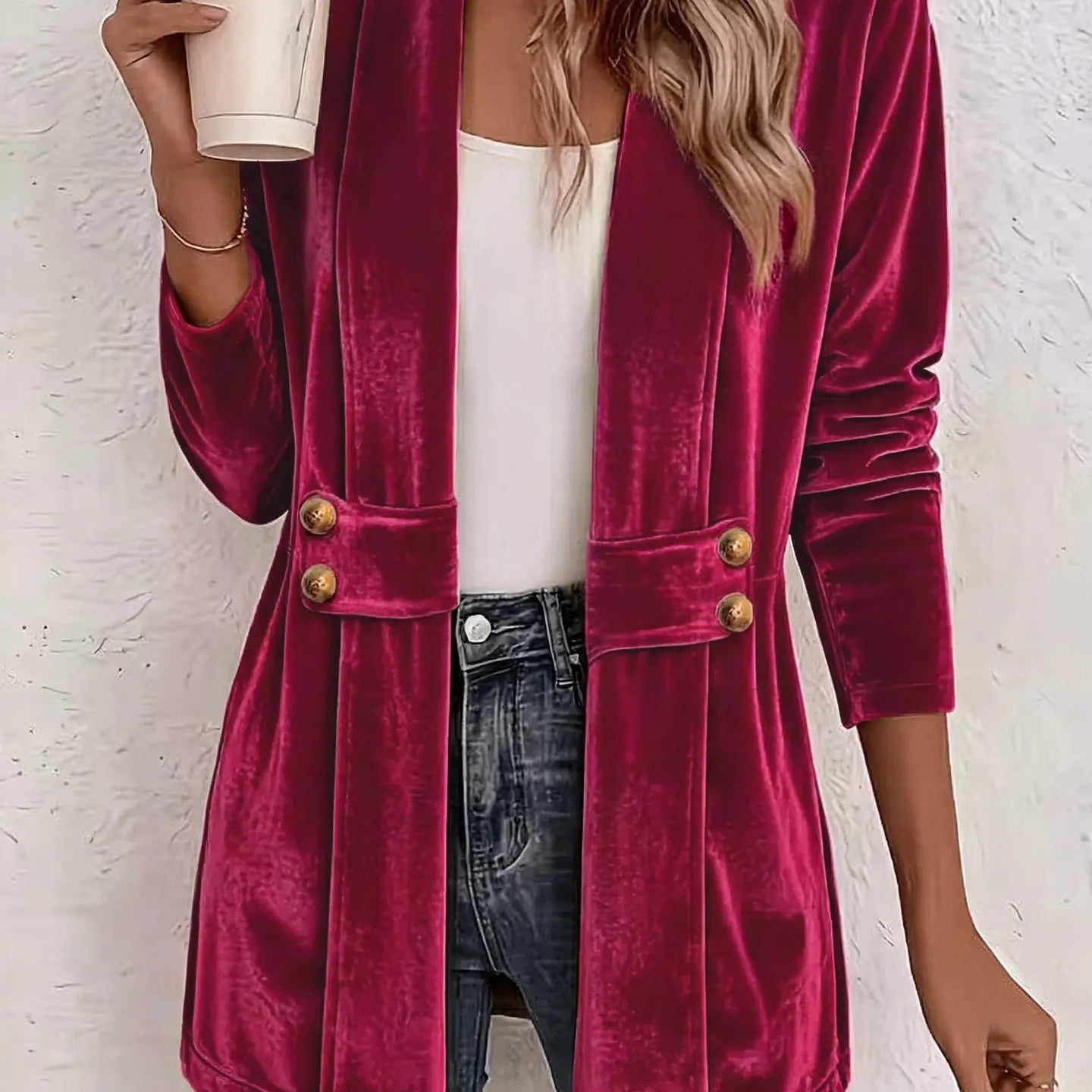 Blazer largo de terciopelo para mujer con solapas en la cintura