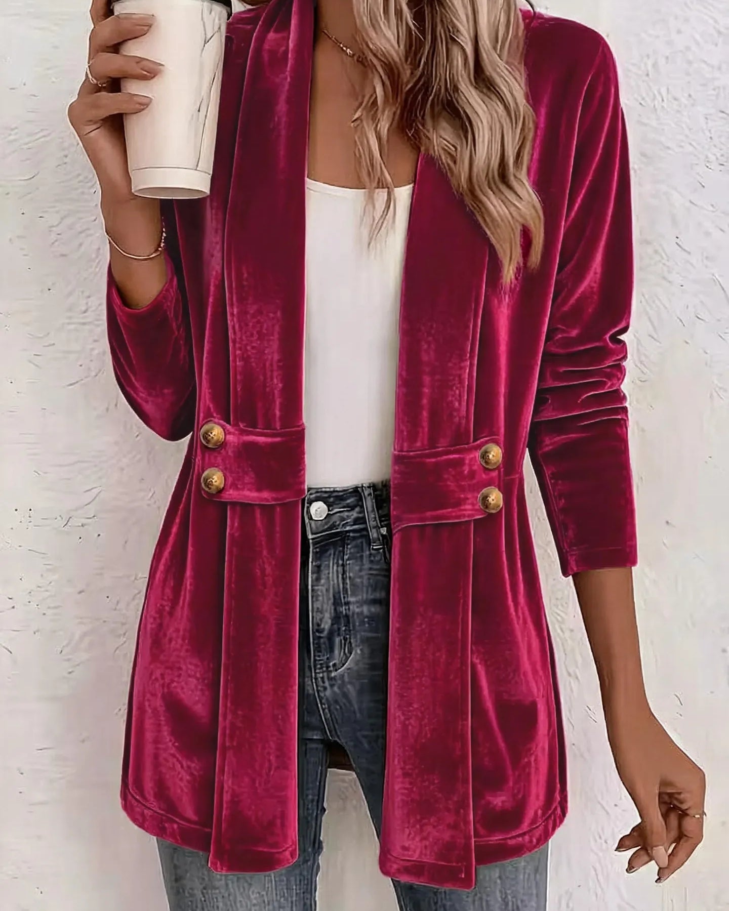 Blazer largo de terciopelo para mujer con solapas en la cintura