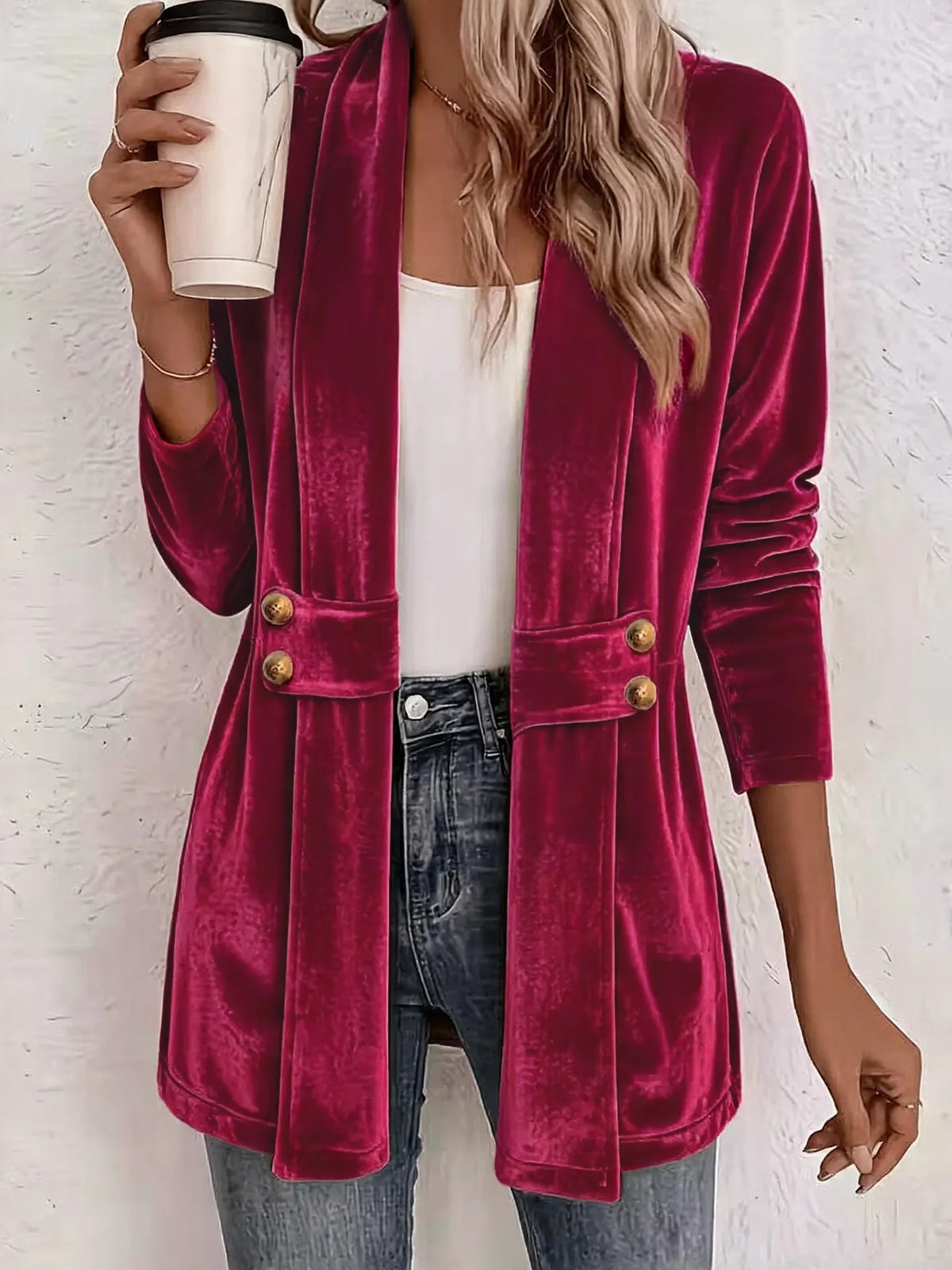 Blazer largo de terciopelo para mujer con solapas en la cintura