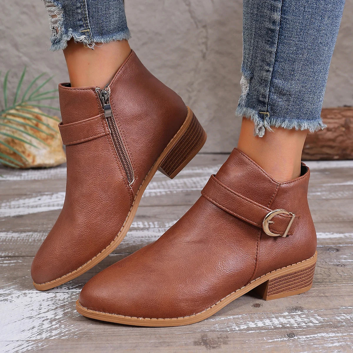 Botines de piel sintética para mujer con cremallera lateral