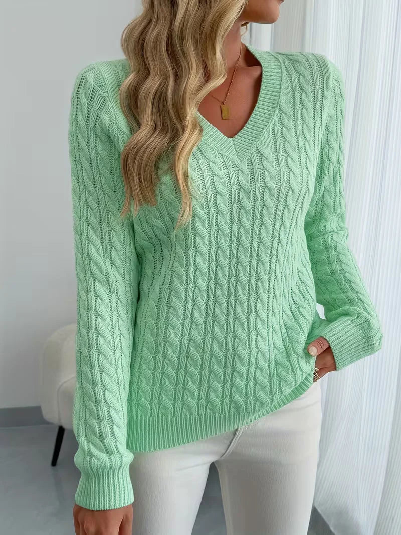 Jersey de mujer con cuello en V y punto trenzado