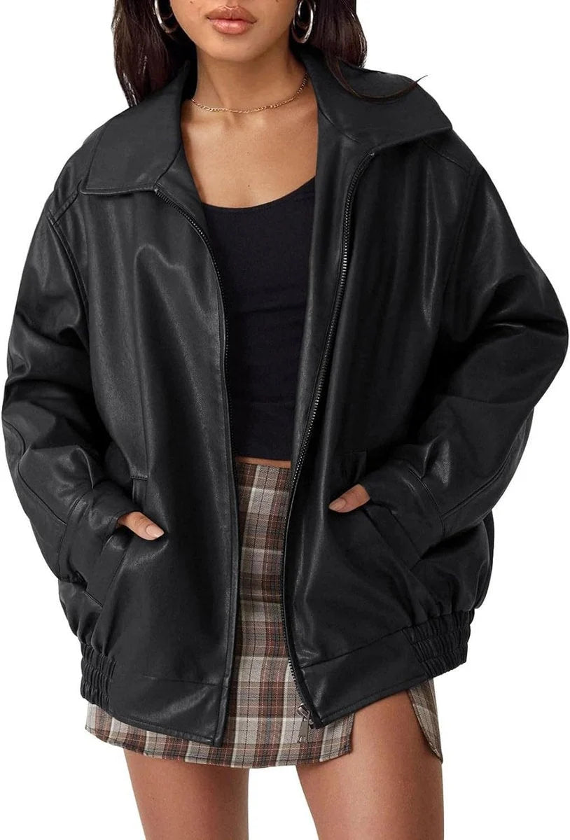 Chaqueta bomber de cuero sintético para mujer con bolsillos laterales profundos