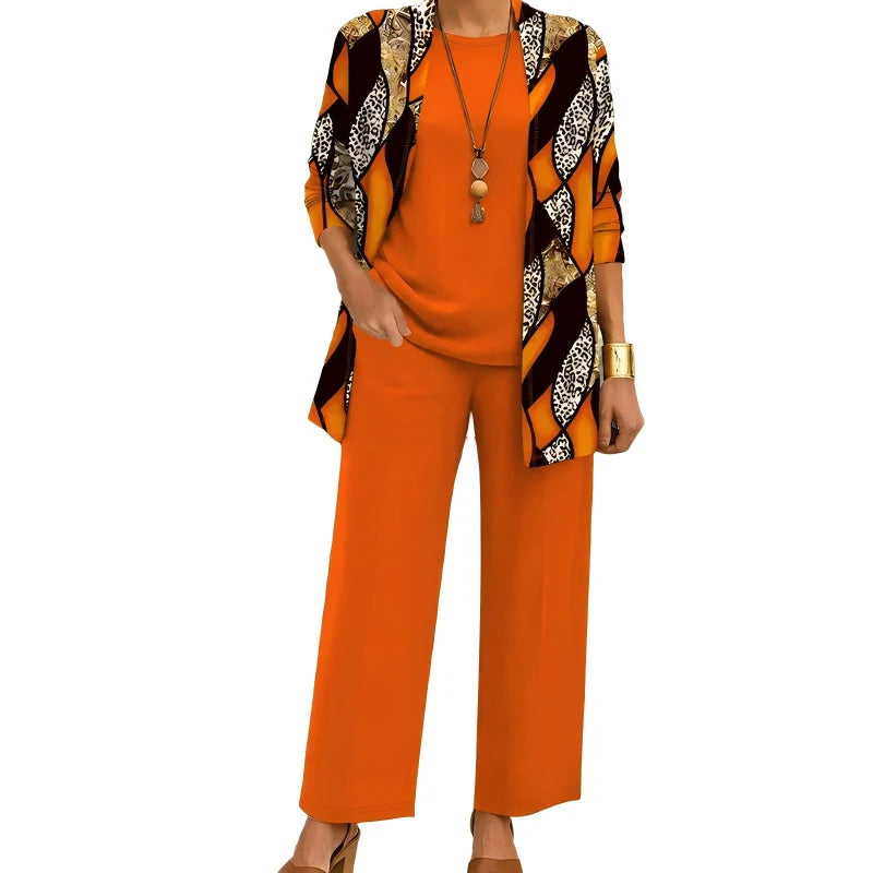 Conjunto de tres piezas para mujer con cárdigan largo estampado