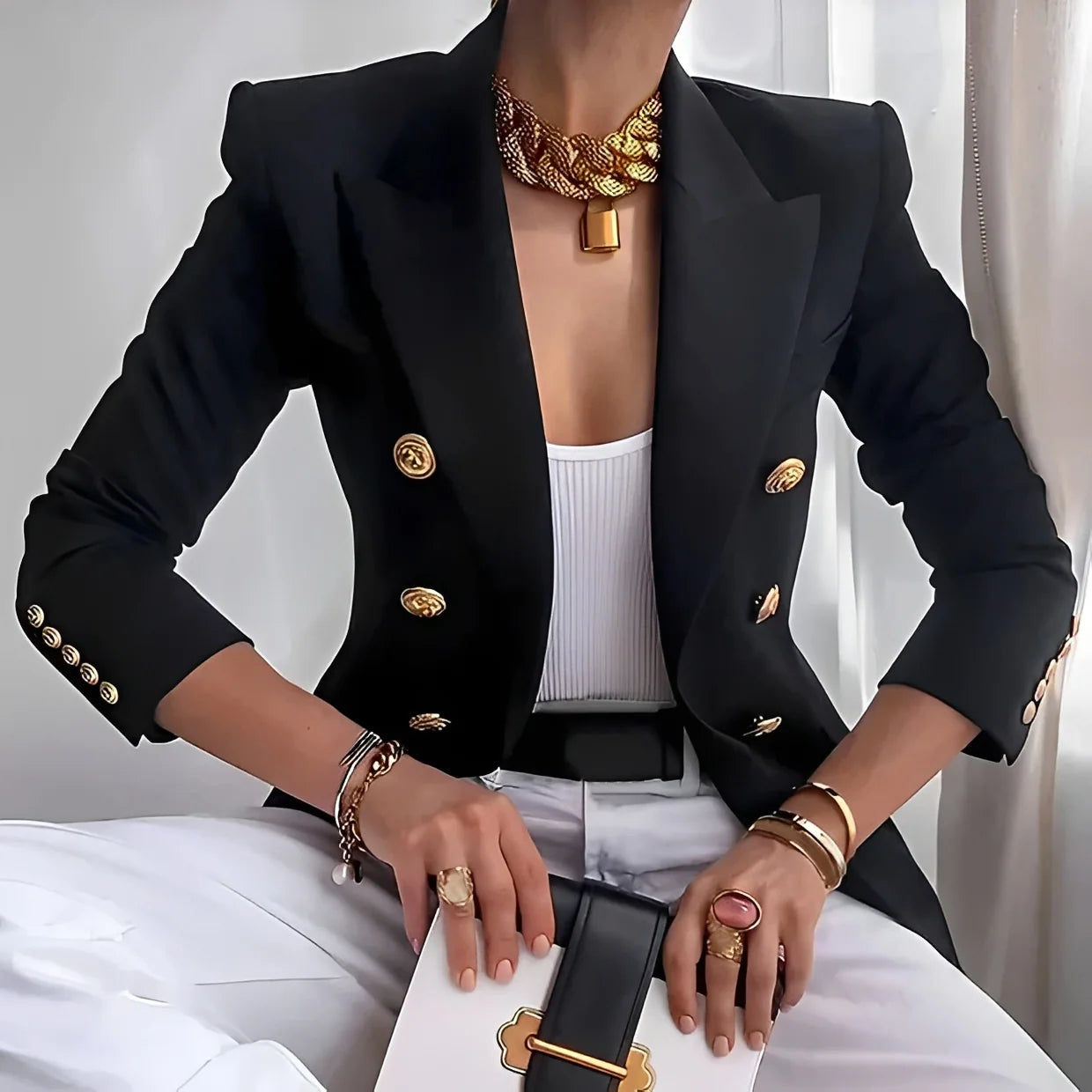 Blazer de mujer con doble botonadura y botones dorados