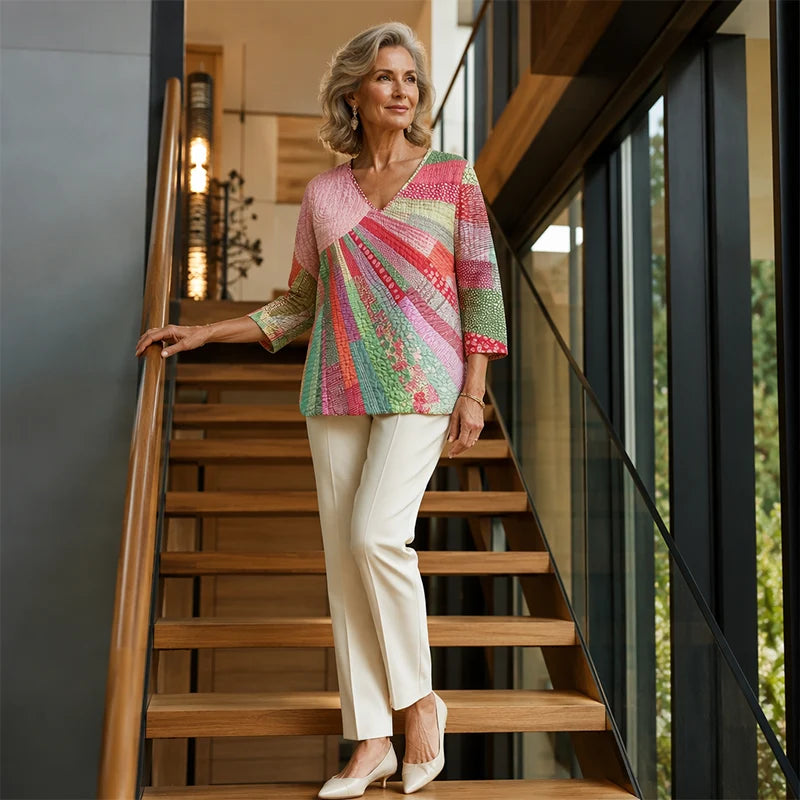 Blusa de parches para mujer con escote en V y mangas 3/4