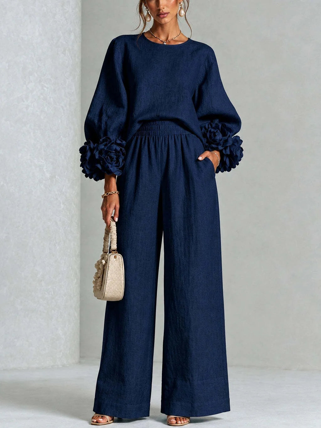 Conjunto de dos piezas para mujer con cintura alta y puños florales