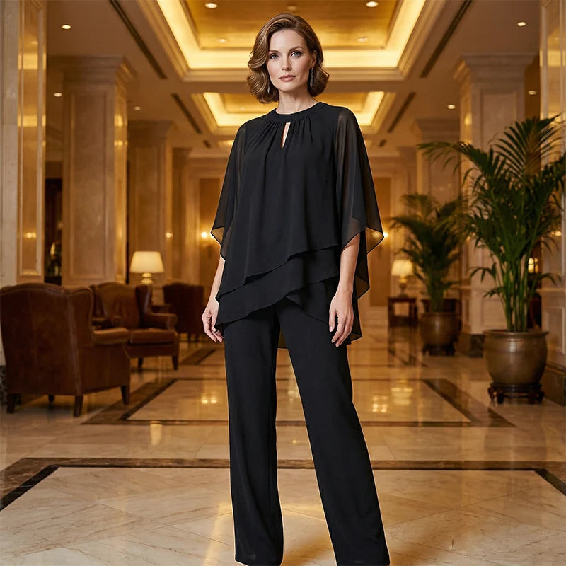 Conjunto de mujer con blusa asimétrica y pantalón de pierna ancha