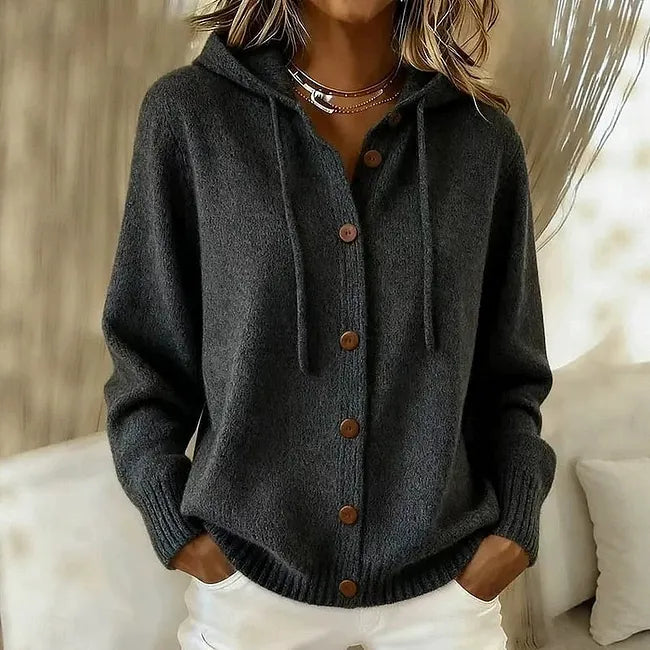 Chaqueta de punto con capucha para mujer y cierre de botones