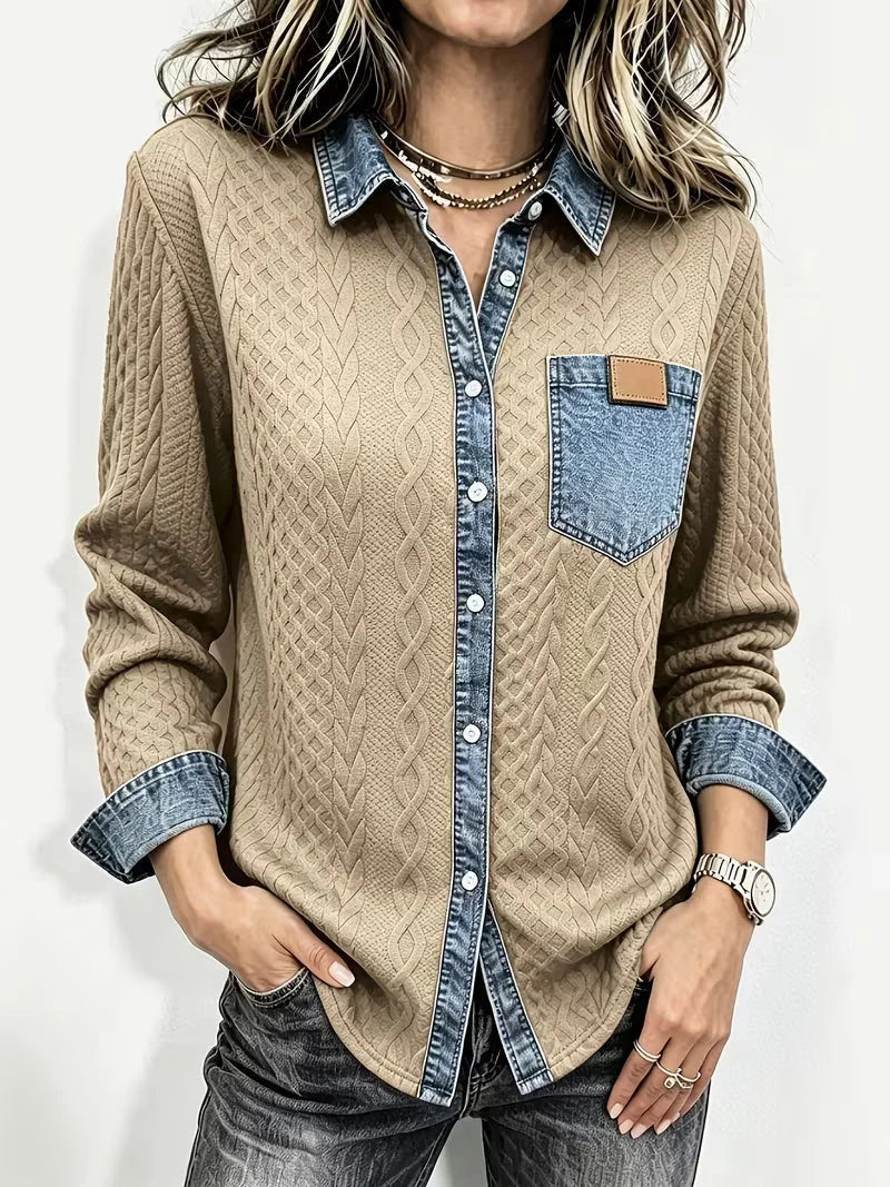 Camiseta de manga larga trenzada para mujer con aplicaciones de tela vaquera