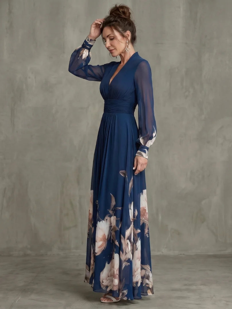 Vestido maxi de mujer con mangas transparentes y cintura fruncida
