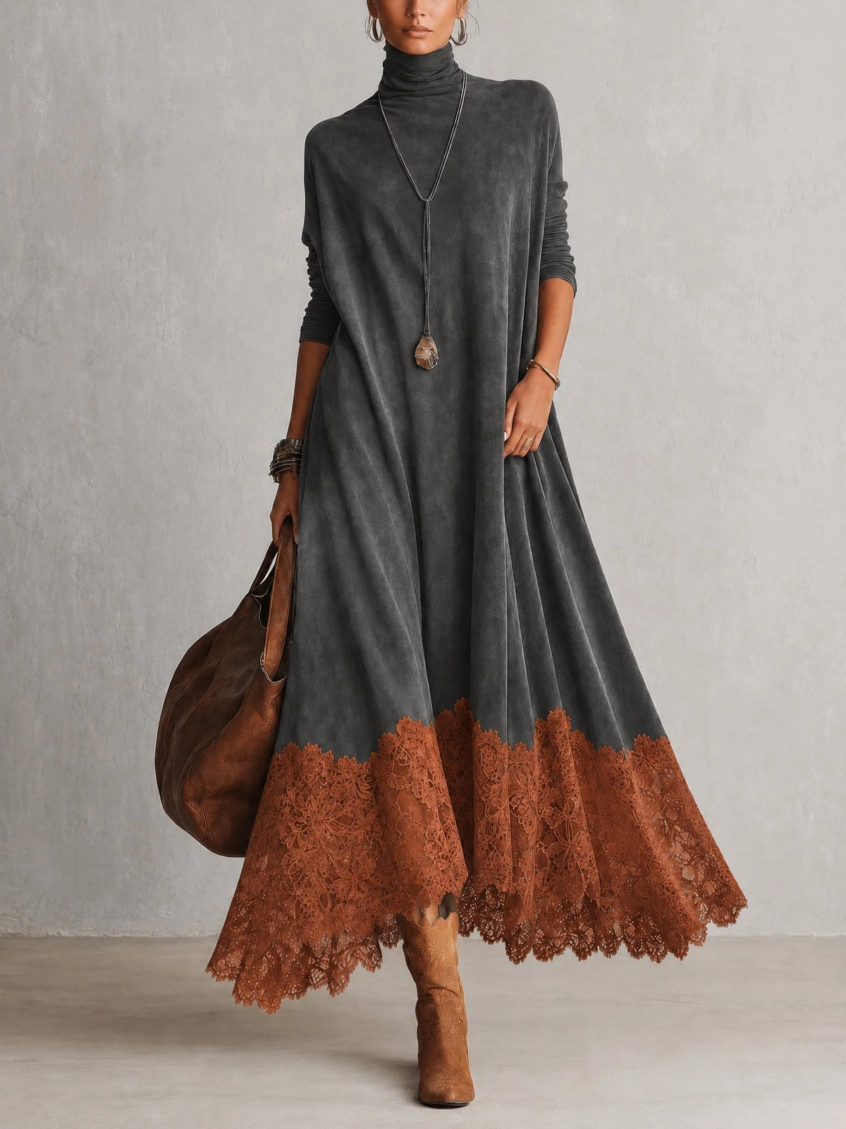 Vestido maxi para mujer con adorno floral de encaje