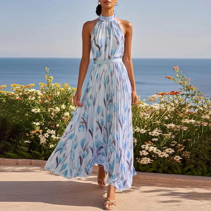 Vestido largo plisado para mujer con estampado floral