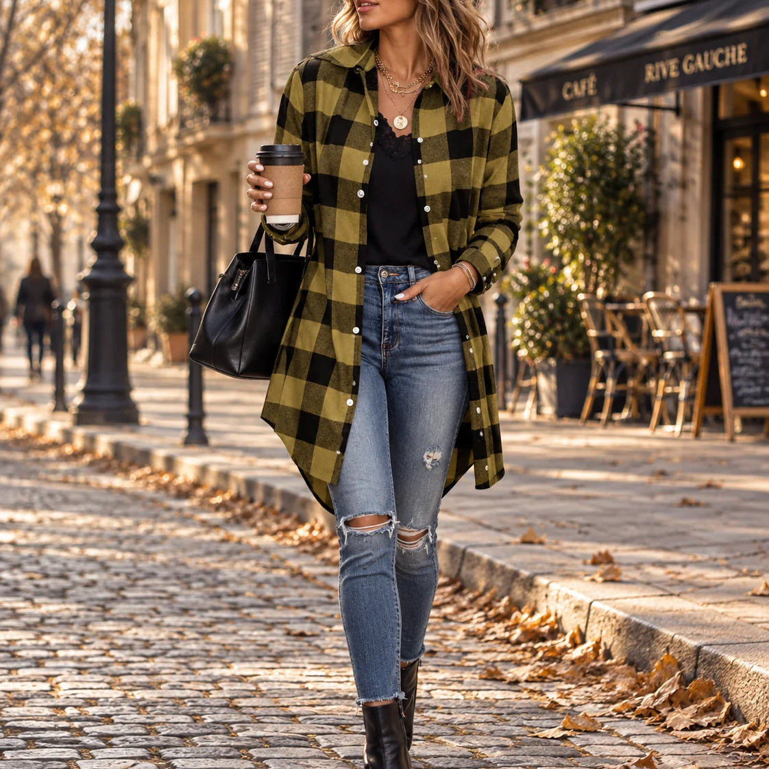 Chaqueta de camisa para mujer estilo franela con botonadura y bolsillos