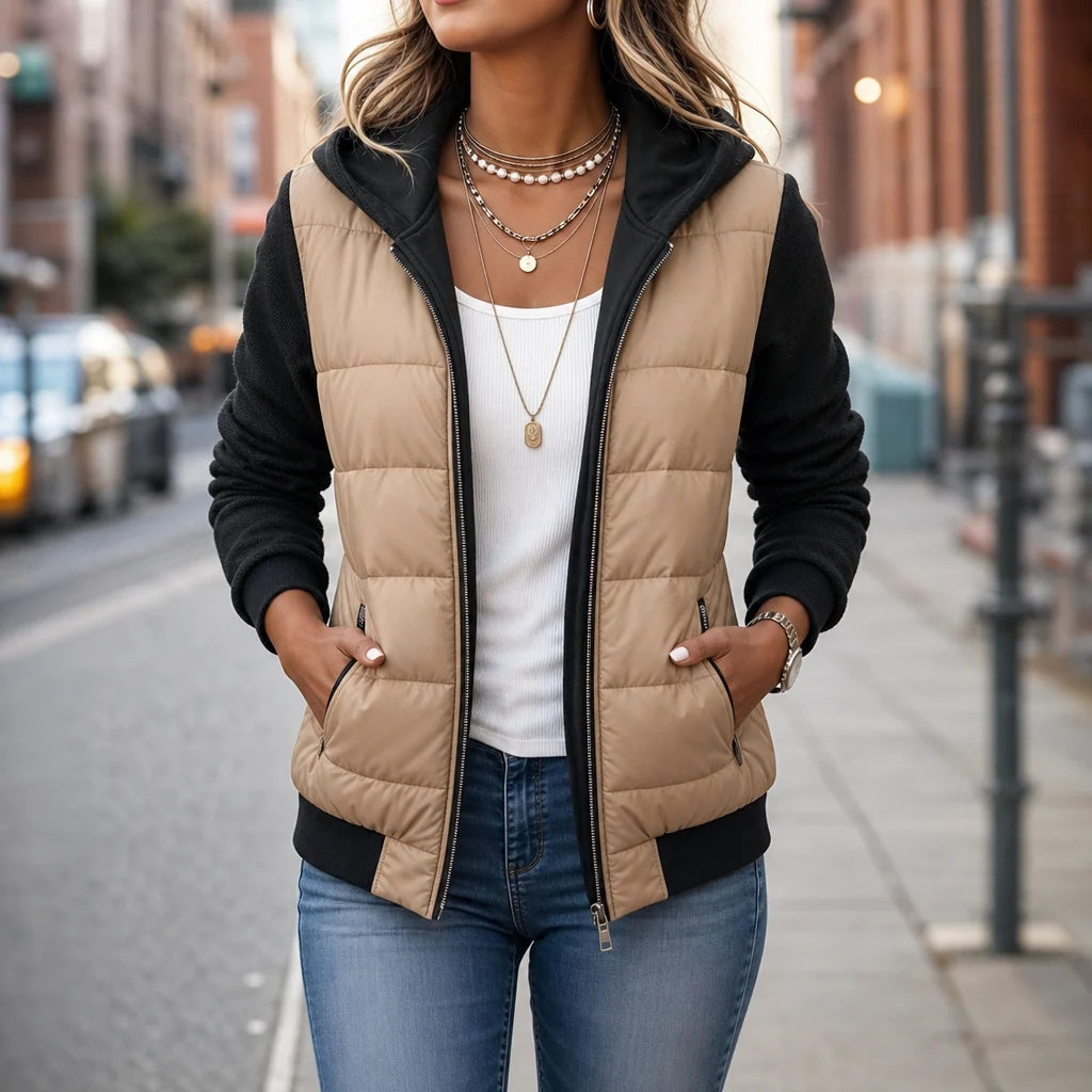 Chaqueta acolchada tipo puffer para mujer, mezcla de algodón con mangas de punto