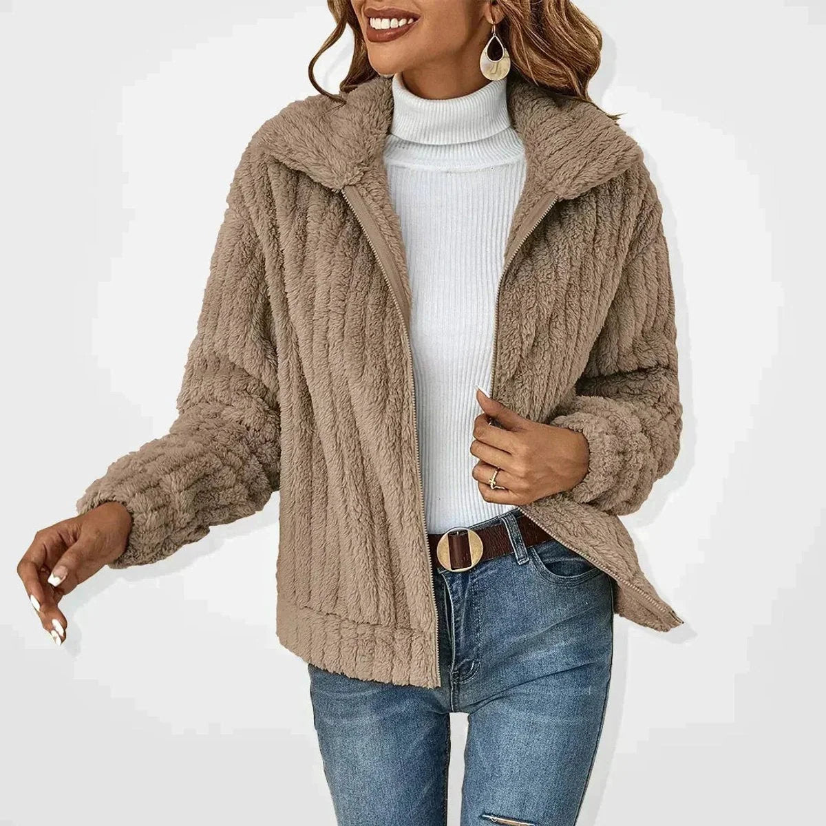 Chaqueta Sherpa extragrande para mujer con cuello de solapa ancho