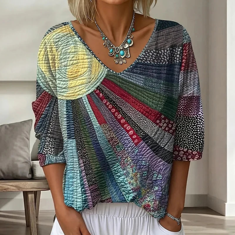 Blusa de parches para mujer con escote en V y mangas 3/4