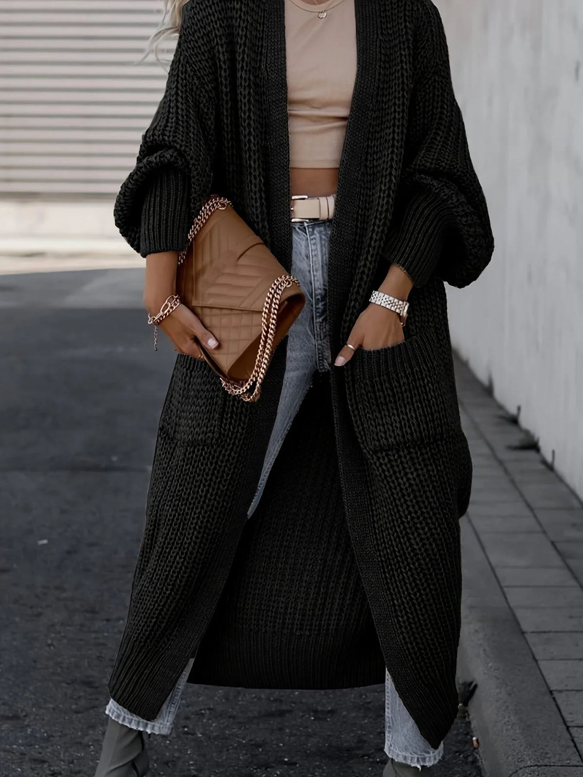 Cardigan maxi de punto fino para mujer con bolsillos laterales