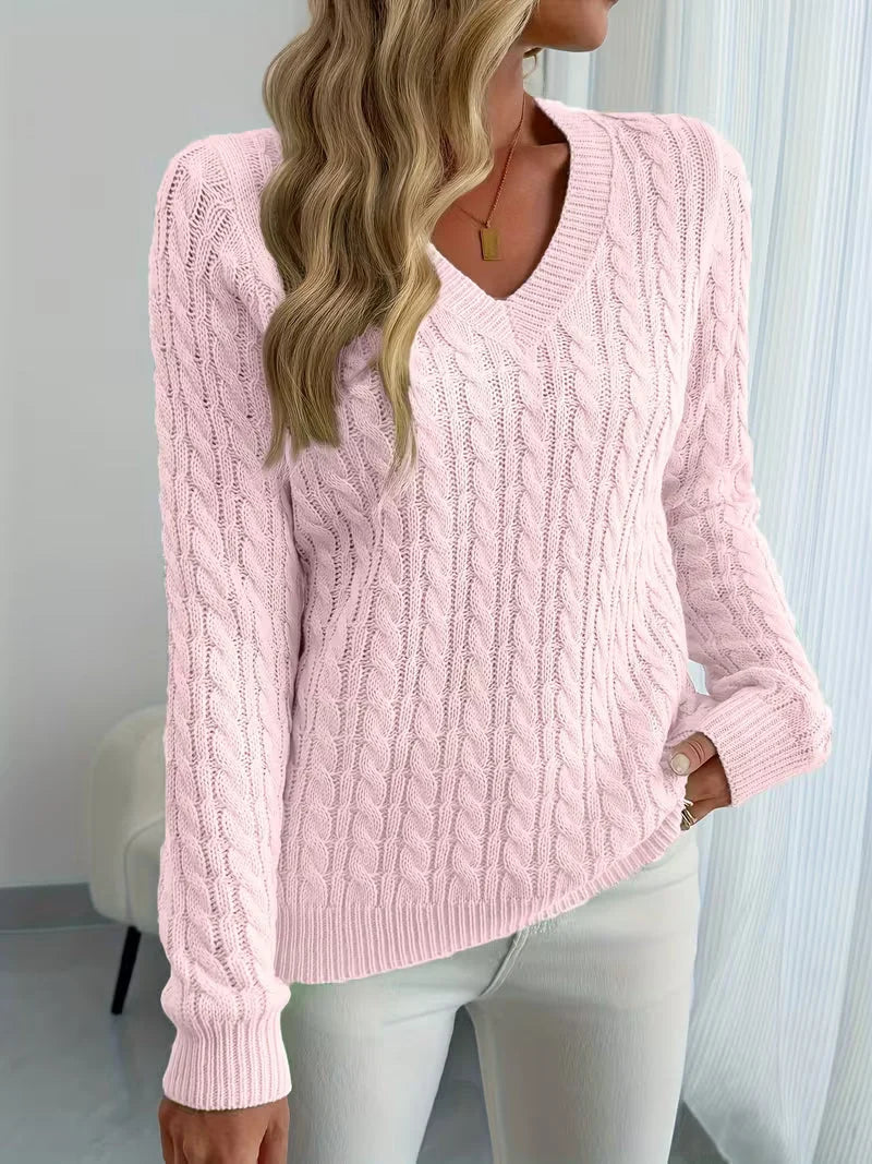 Jersey de mujer con cuello en V y punto trenzado