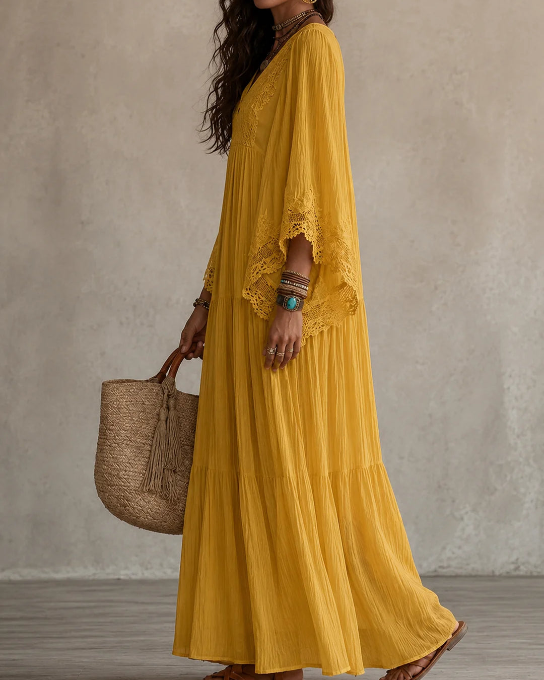 Vestido largo de gasa para mujer con encaje y falda de volantes