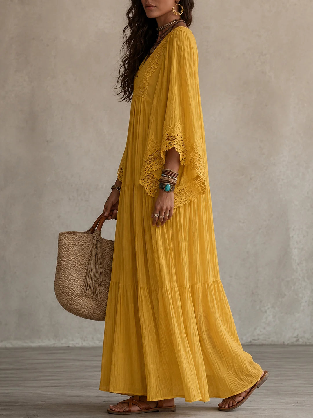 Vestido largo de gasa para mujer con encaje y falda de volantes
