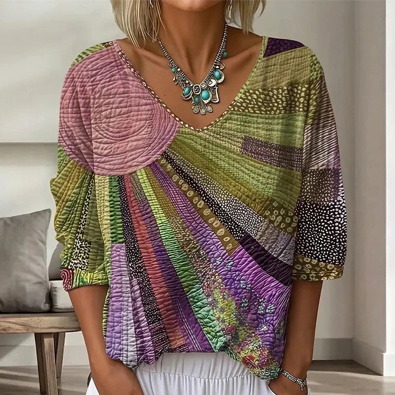 Blusa de parches para mujer con escote en V y mangas 3/4