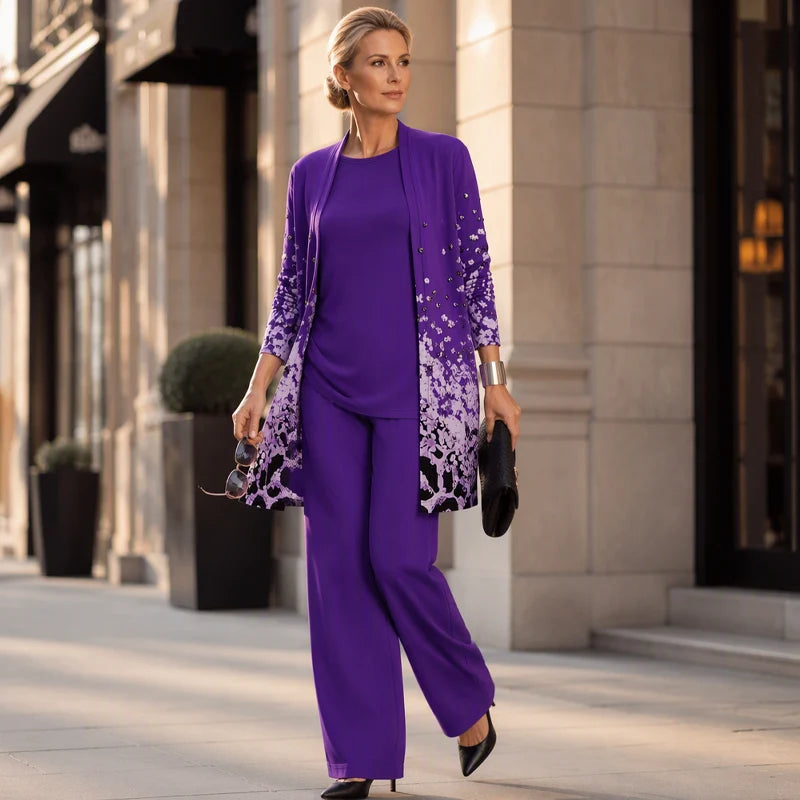 Conjunto de tres piezas para mujer con cárdigan largo estampado