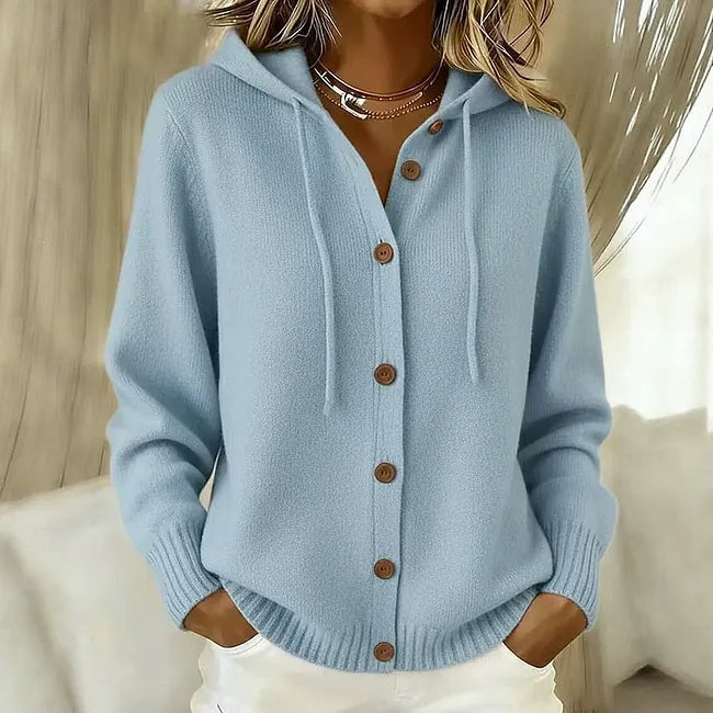 Chaqueta de punto con capucha para mujer y cierre de botones