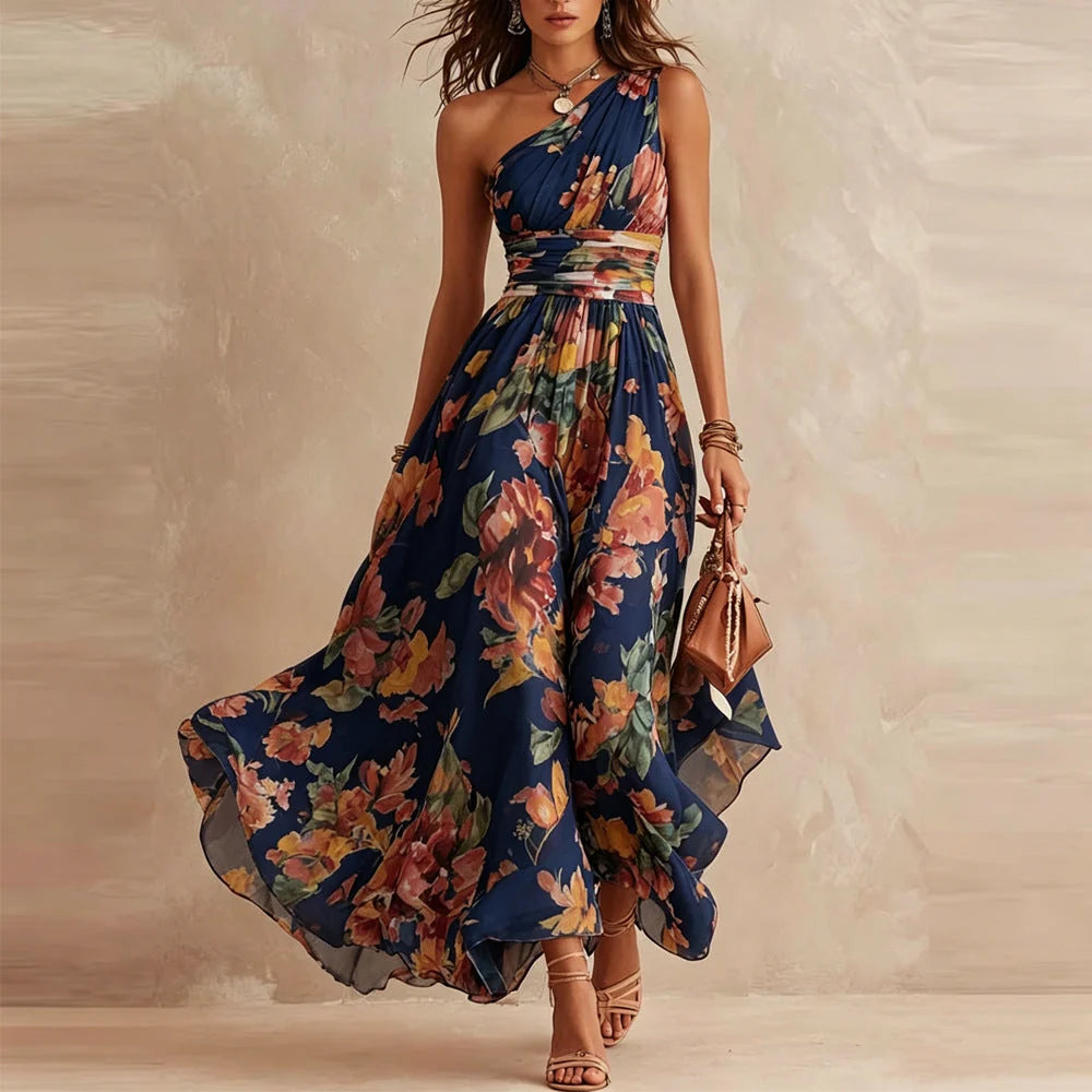 Vestido largo de mujer con escote asimétrico