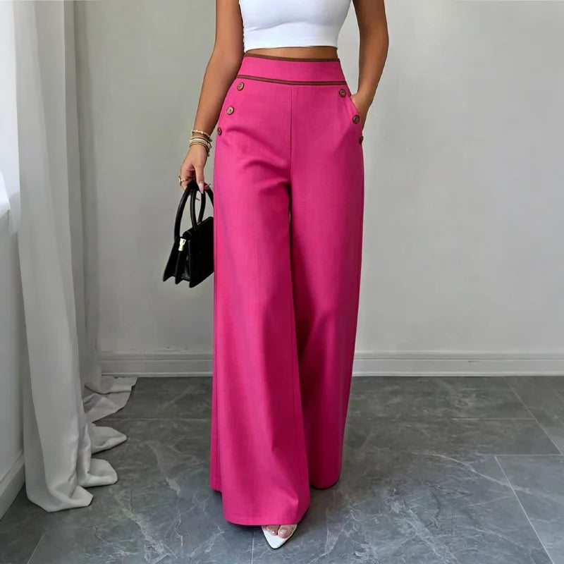 Pantalones amplios entallados para mujer con botones decorativos