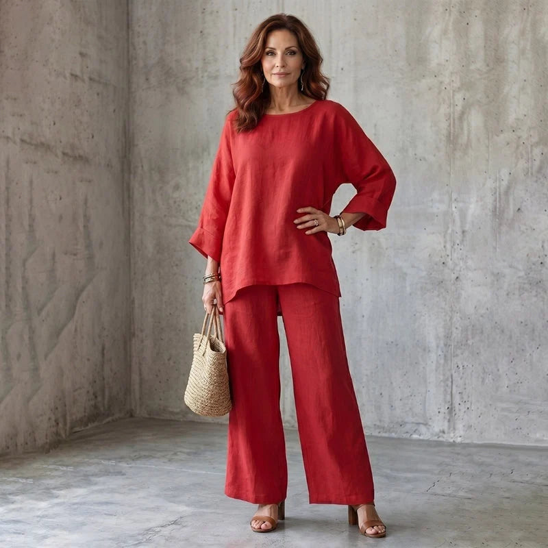 Conjunto de dos piezas para mujer estilo lino con mangas amplias y pantalones anchos
