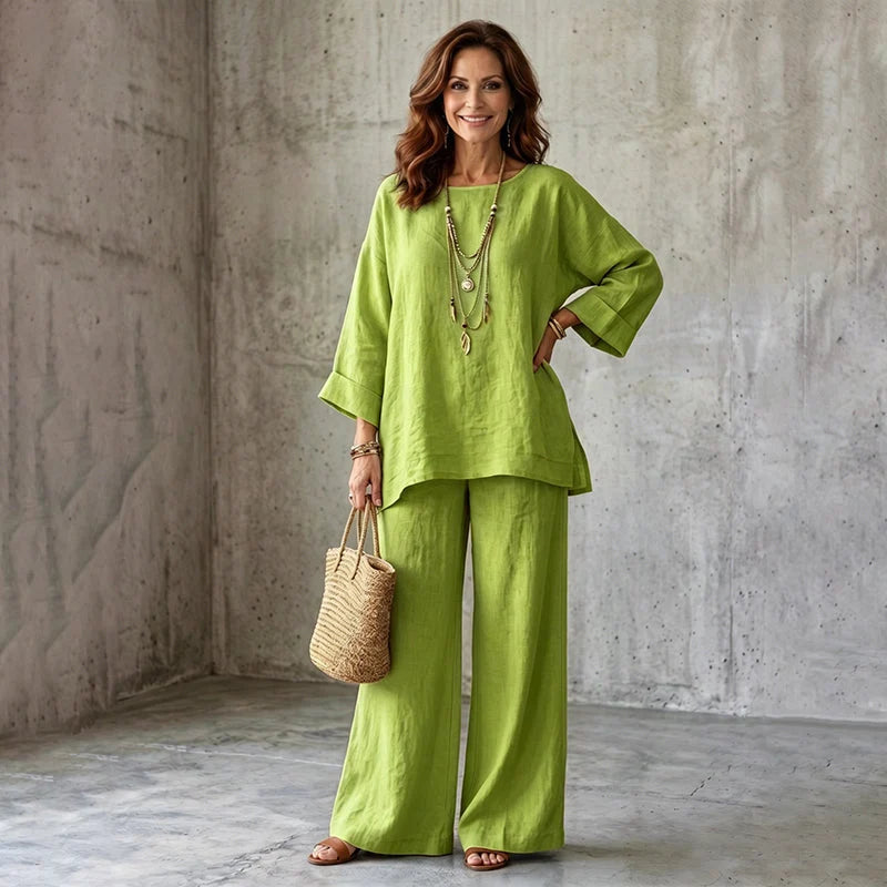 Conjunto de dos piezas para mujer estilo lino con mangas amplias y pantalones anchos
