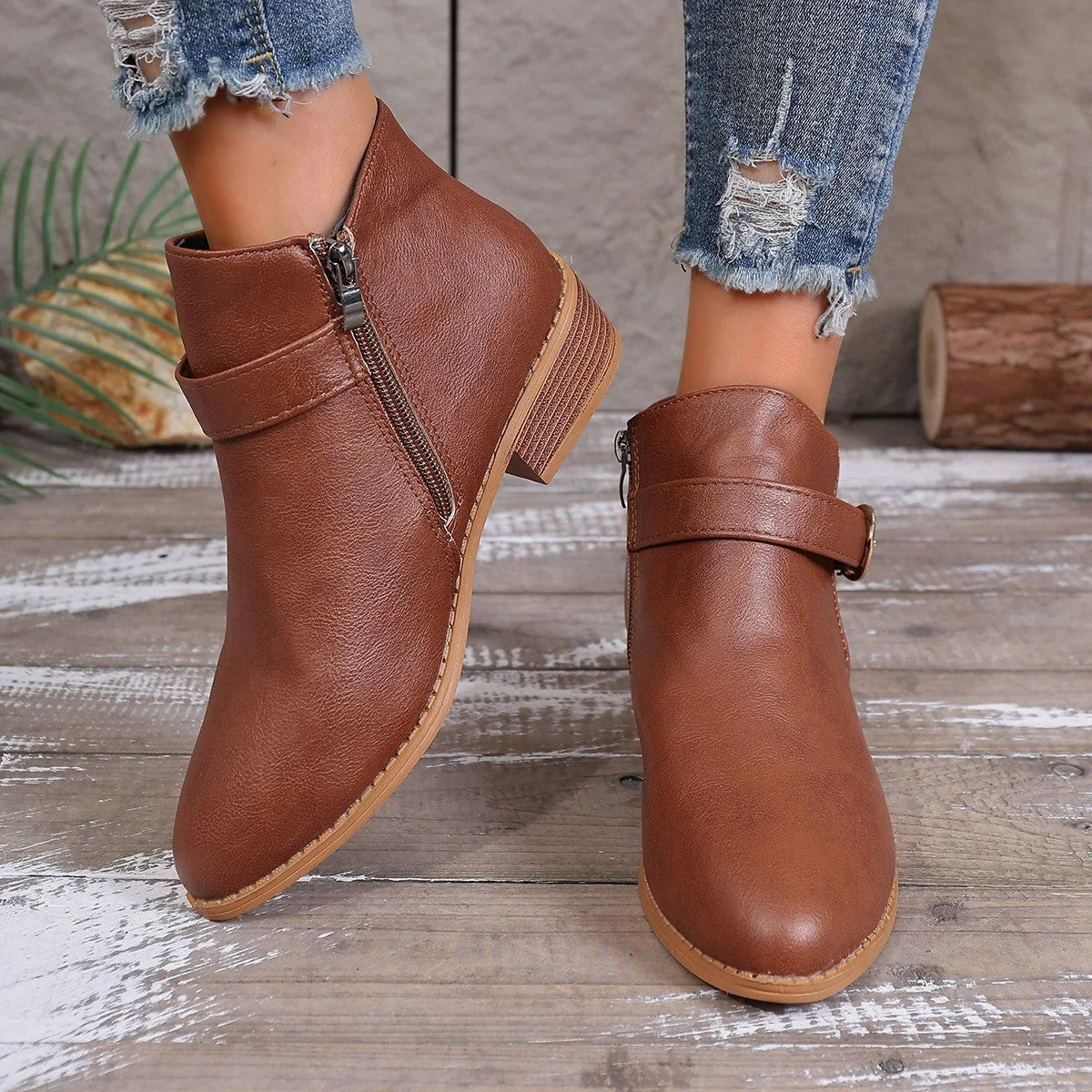 Botines de piel sintética para mujer con cremallera lateral