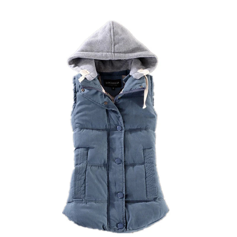 Chaleco térmico acolchado para mujer con capucha en contraste