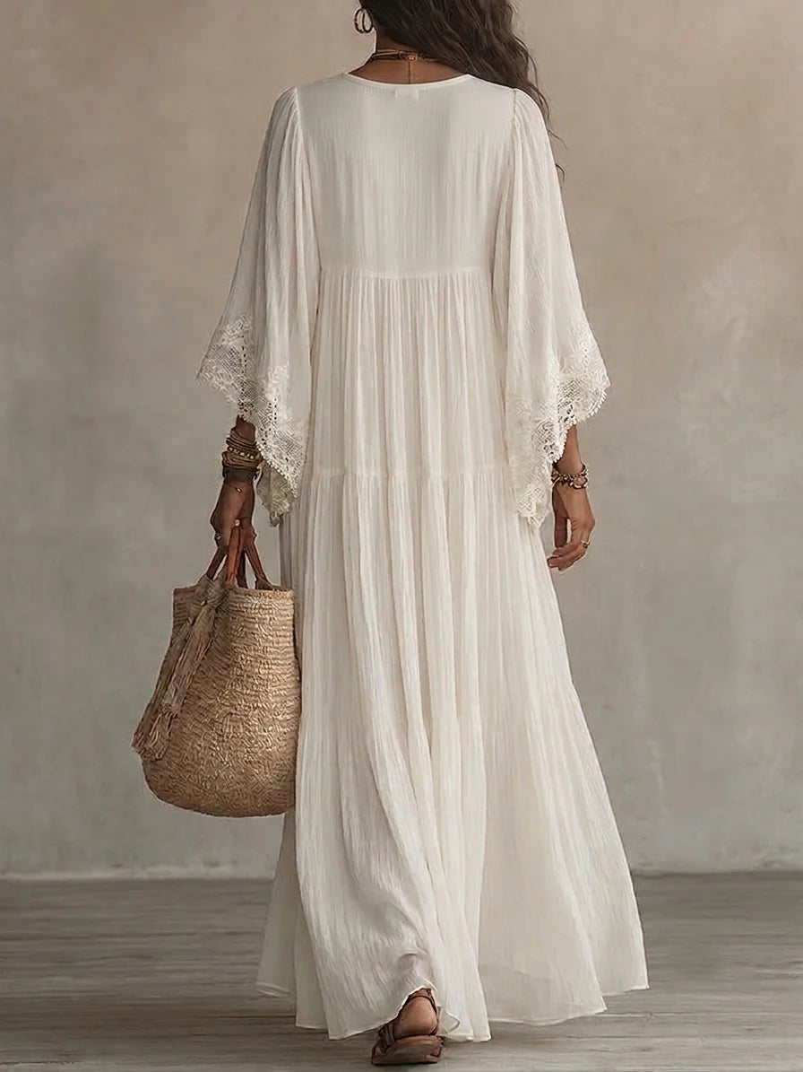 Vestido largo de mezcla de lino para mujer con mangas de encaje