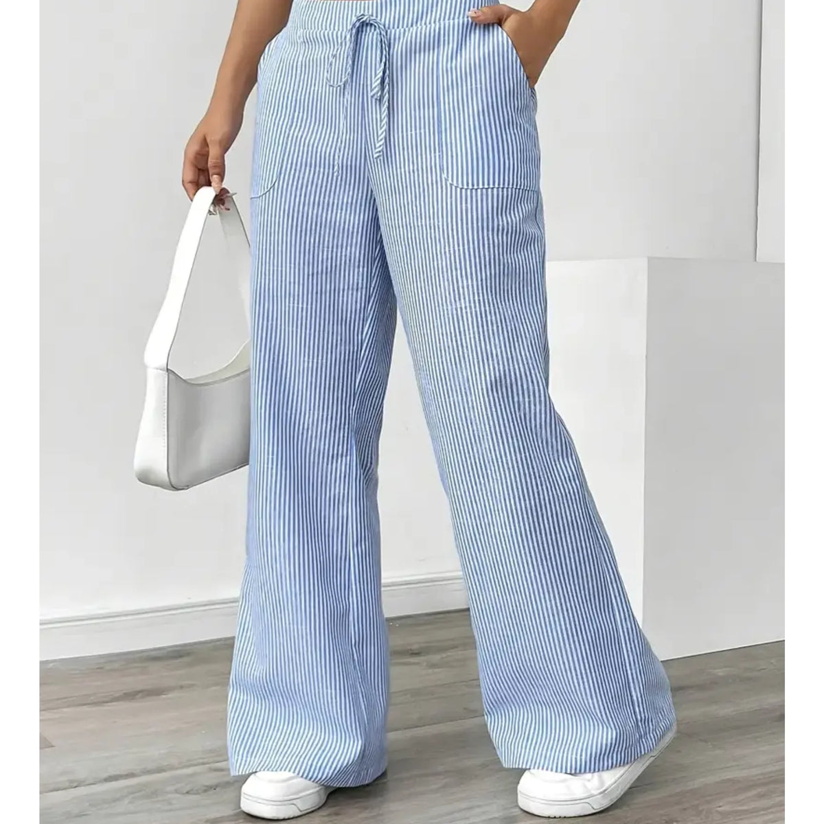 Pantalones palazzo para mujer con cintura de cordón y bolsillos