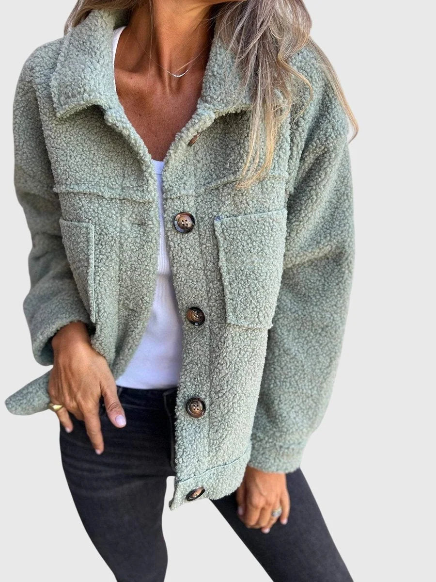 Chaqueta de forro polar Sherpa para mujer con gran botonadura