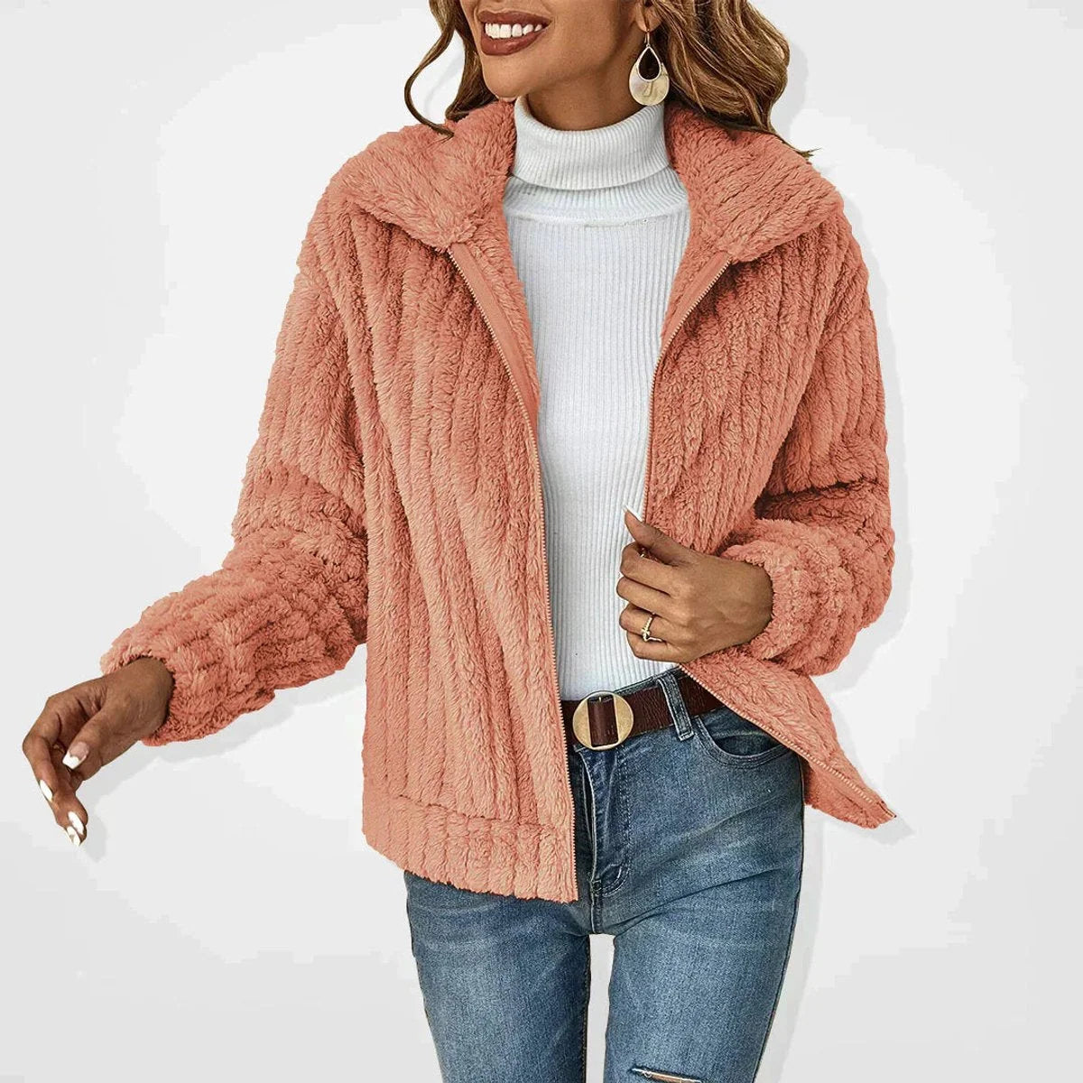 Chaqueta Sherpa extragrande para mujer con cuello de solapa ancho