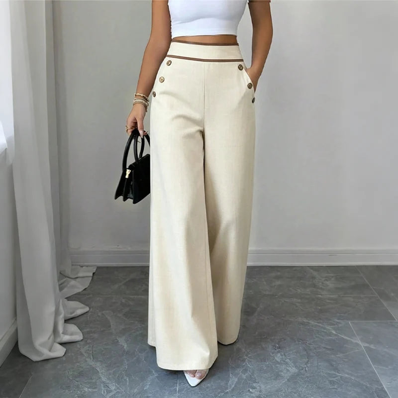 Pantalones amplios entallados para mujer con botones decorativos