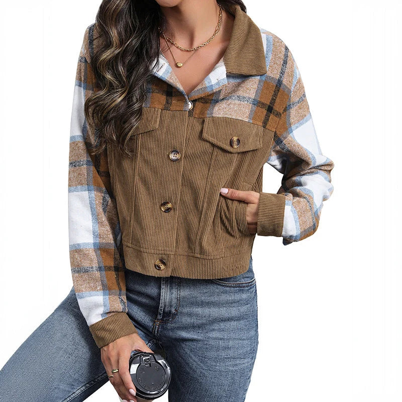 Chaqueta de pana para mujer con mangas a cuadros