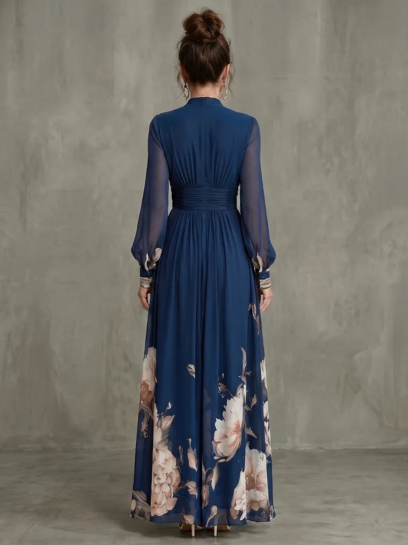 Vestido maxi de mujer con mangas transparentes y cintura fruncida