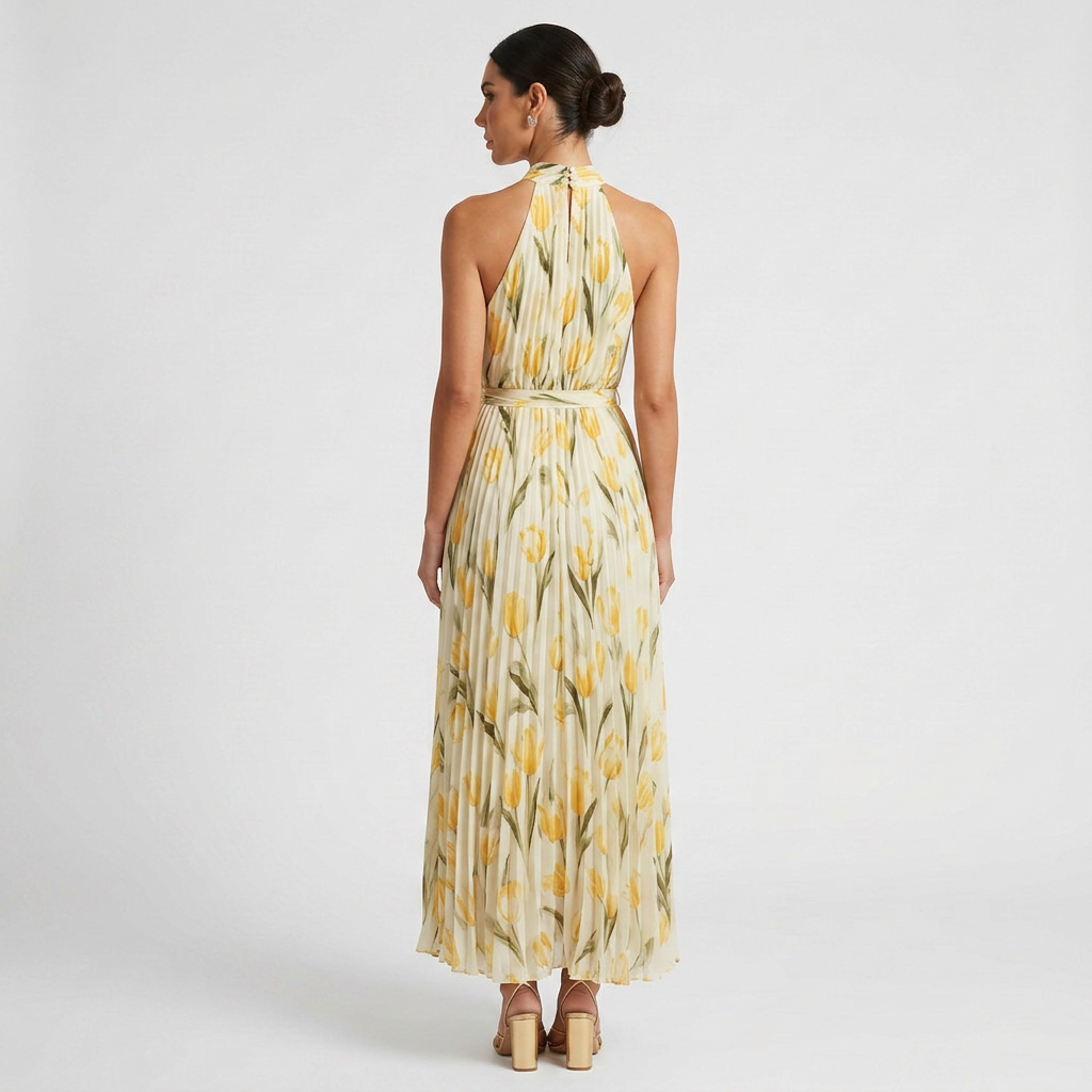 Vestido maxi para mujer: vestido largo de verano con cuello halter y estampado | corte elegante con pliegues